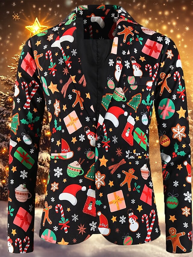  menns jule blazer jakke trykk blazer lang standard passform enkeltspent enknapps svart 2024