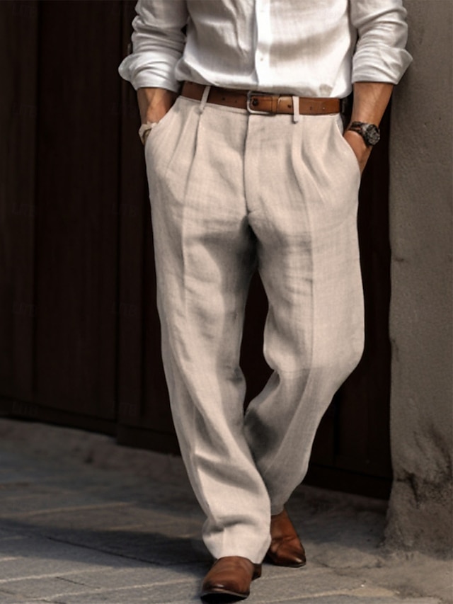  Men's Linen Pants Trousers Summer Pants Pleated Pants Dress Slacks Front Pocket Straight Leg Plain Comfort Breathable Casual Daily Holiday Fashion Basic Black White