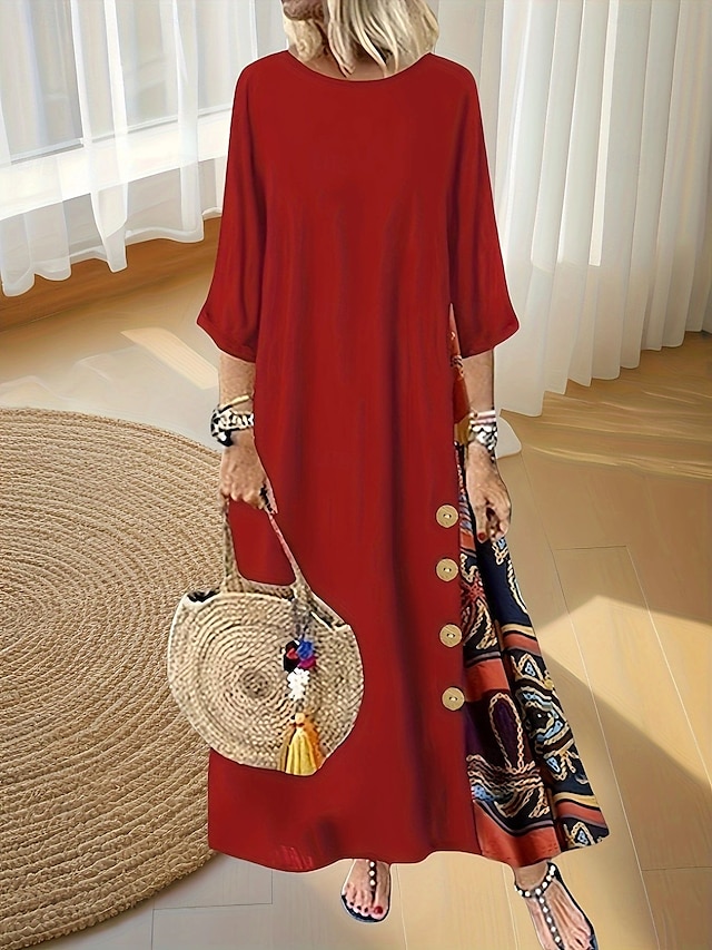  Women's Long Dress Maxi Dress Casual Dress Boho Dress Stylish Vacation Date Regular Fit Floral Crew Neck Black Red Fall