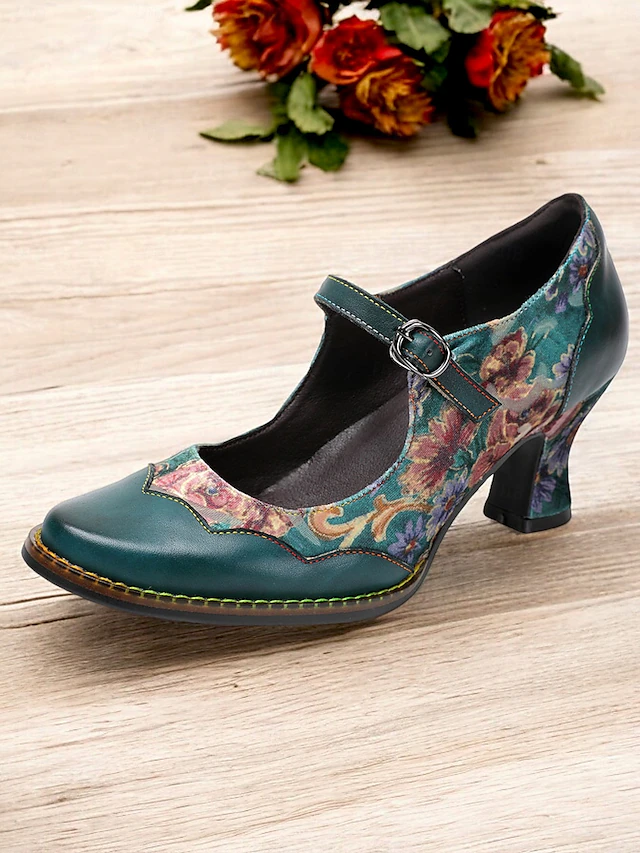 Women's Vintage Floral Mary Jane Heels - Green Leather with Floral Patchwork, Adjustable Strap, Mid Heel, Perfect for Retro Style and Special Occasions 8