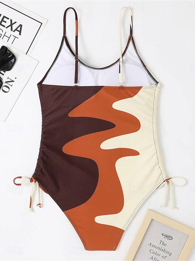  Mulheres Roupa de Banho Uma pedaço Monoquíni roupa de banho Frente Única Compressão abdominal Cintura Alta Delgado Férias Roupa de Praia Bloco de cor Decote U Sem Manga Fatos de banho