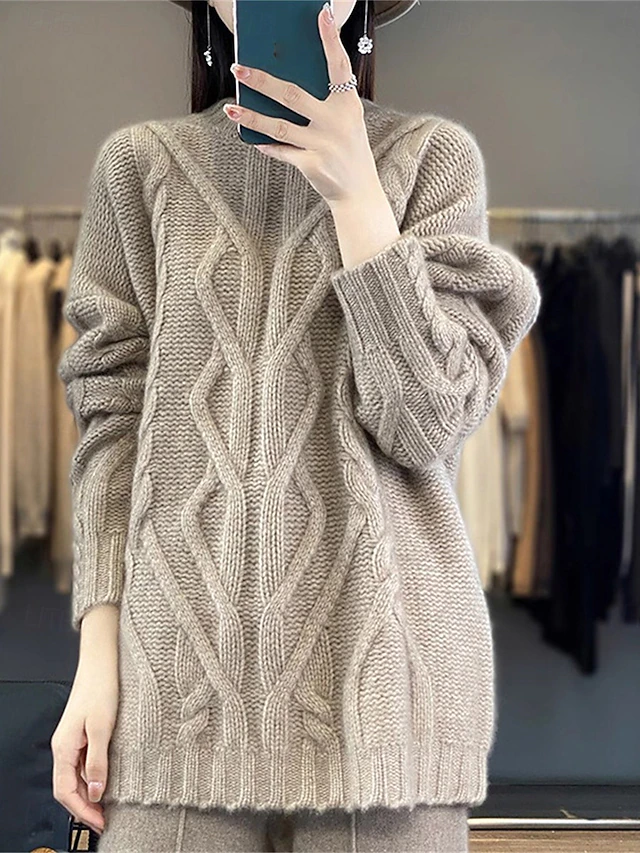 Women's Sweater Casual Soft Pure Color Cable Stand Collar Knitted Long Sleeve Regular Tops Knit Outdoor Daily Weekend Black White Fall Winter 8