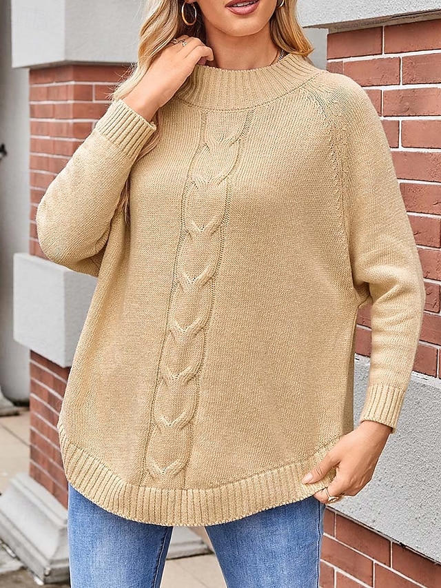 Women's Sweater Elegant Fashion Streetwear Solid Color Cable Crew Neck Knitted Long Sleeve Long Tops Knit Formal Party Pink Khaki Fall Winter 8