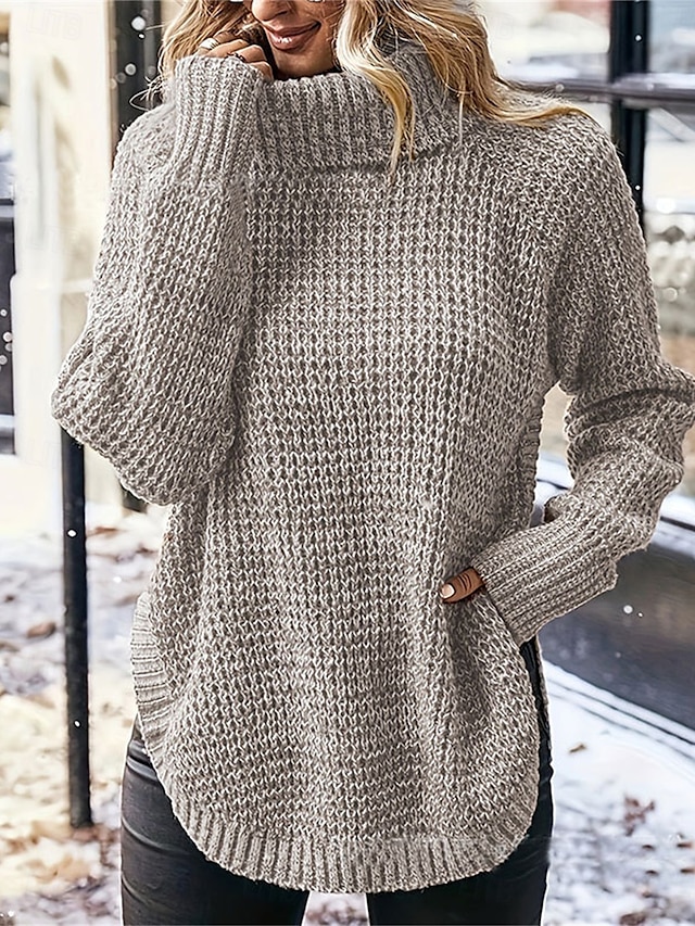 Women's Sweater Casual Soft Pure Color Chunky Turtleneck Knitted Long Sleeve Regular Tops Knit Outdoor Daily Weekend Khaki Fall Winter 7