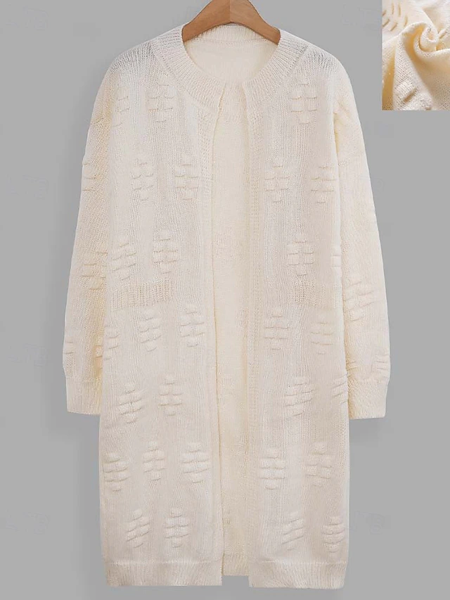 Women's Sweater Jacket Fashion Casual Solid Color Shirt Collar Pocket Long Sleeve Long Tops Knit Daily Weekend White Fall Winter 8