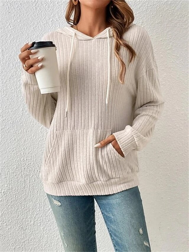 Women's Sweatshirt Casual Plain Street Dailywear Hooded Pocket Long Sleeve Green Beige Fall Winter 12