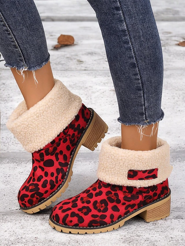 Women's Red Leopard Print Winter Boots with Faux Fur Lining and Chunky Heel โ Warm and Stylish Snow Boots 15