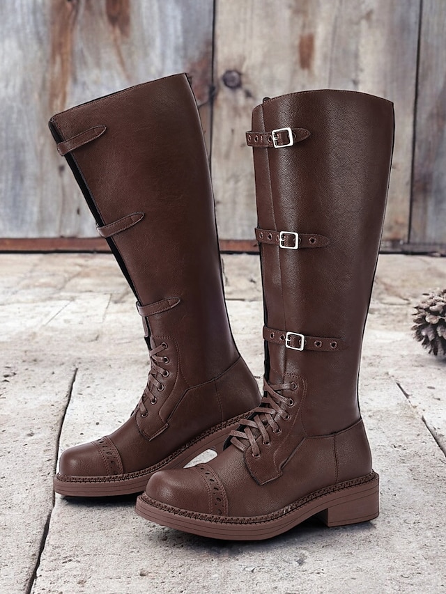 Women's Wide-Calf Lace-Up Combat Boots with Buckle Straps, Rugged Sole - Comfortable & Stylish for Casual and Outdoor Wear 13