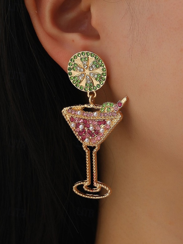  Unique Cocktail Glass Dangle Earrings – Festive Gold-Tone with Rhinestone Lime and Drink Design, Fun Party Jewelry for Women