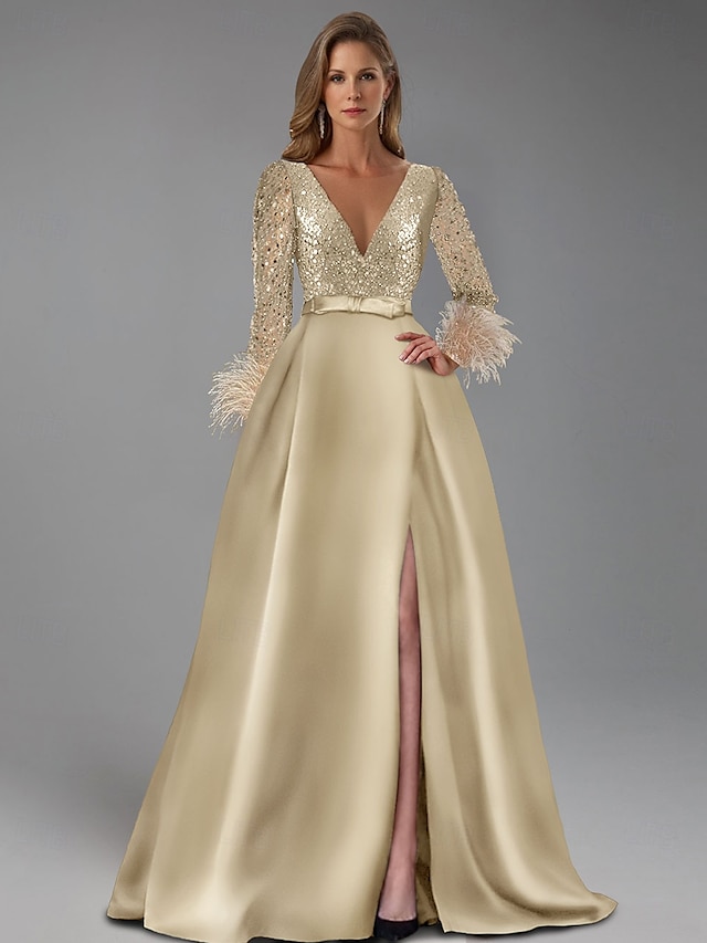  A-Linie Abendkleid Elegantes Kleid Formelles bodenlanges langärmeliges V-Ausschnitt Champagner Mutter der Braut Kleid Pailletten mit Feder Glitzer 2025