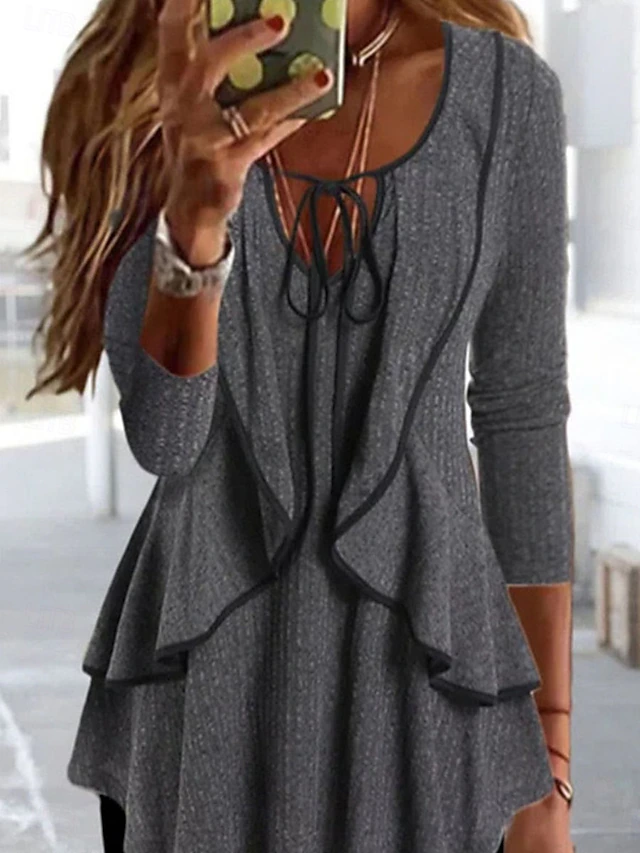 Women's Shirt Blouse Solid Color Basic Casual Long Sleeve V Neck Regular Tops Daily Ruffle Blue Green Gray Fall Winter 5