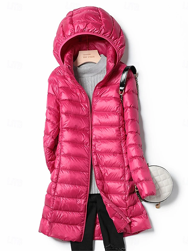 Women's Puffer Jacket Warm Breathable Zipper Pocket Casual Plain Vacation Street Daily Wear Going out Zipper Long Hoodie Regular Fit Long Sleeve Outerwear Wine Red Fuchsia Fall Winter 10