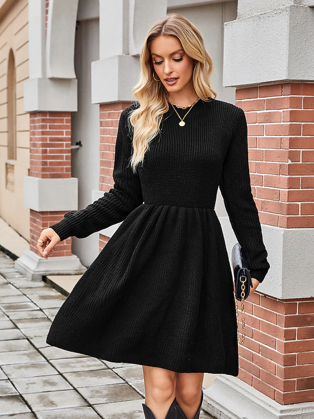 Women's Sweater Mini Dress Crew Neck Knit Knitted Fall Winter Party Elegant Fashion Daily Long Sleeve Solid Color Black Khaki 9