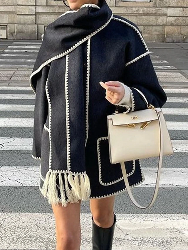 Women's Winter Coat Outdoor Street Daily Wear Fall Winter Regular Coat Regular Fit Thermal Warm Breathable Stylish Casual Jacket Long Sleeve Plain Tassel Fringe with Pockets Black White Khaki 11