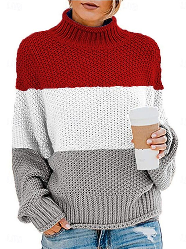 Women's Sweater Pullover Sweater Jumper Casual Soft Striped Ribbed Turtleneck Knitted Long Sleeve Regular Tops Knit Outdoor Daily Weekend White Red Fall Winter4