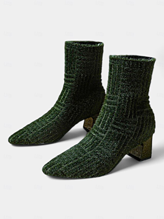 Women's Green Knit Ankle Boots - Mid Heel with Square Toe, Stretch Fabric, Perfect for Casual and Winter Wear 12