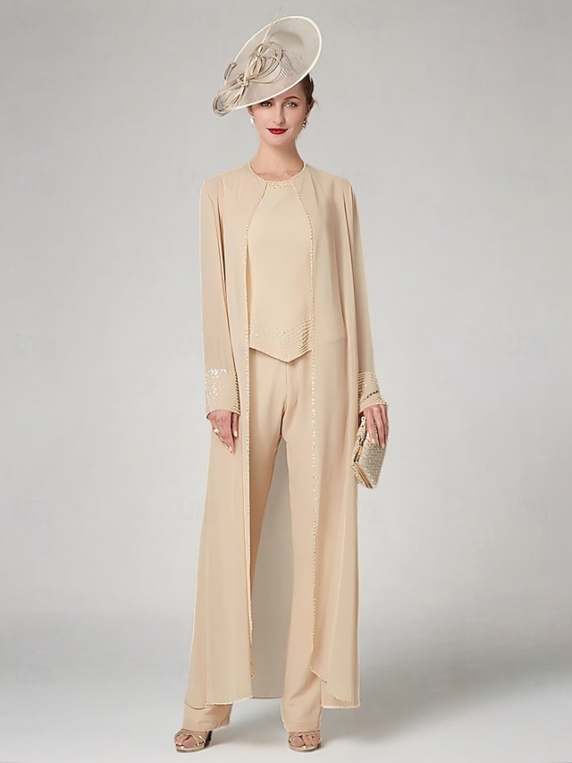  Jumpsuit / Pantsuit 3 Piece Pantsuit Mother of the Bride Dress Formal Wedding Guest Elegant Plus Size Wrap Included Bateau Neck Floor Length Chiffon Long Sleeve Wrap Included with Beading 2024