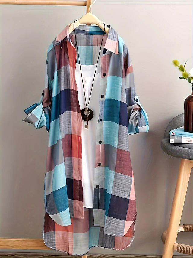 Women's Plus Size Tunic Shacket Plaid Daily Long Sleeve Shirt Collar Casual Holiday Buttons Black Pink Blue All Seasons4