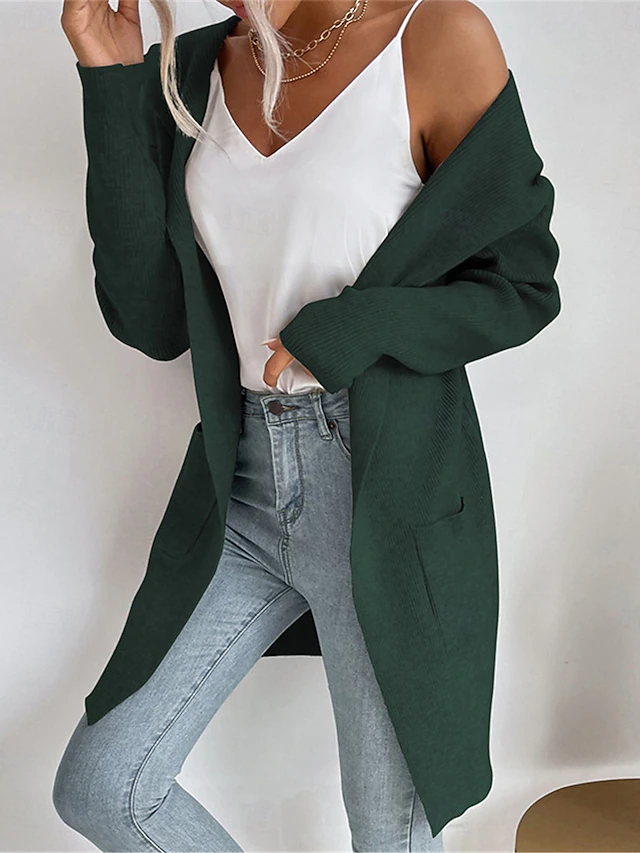 Women's Sweater Cardigan Casual Soft Pure Color Ribbed Hooded Pocket Knitted Long Sleeve Regular Tops Knit Outdoor Daily Weekend Green Khaki Fall Winter 7