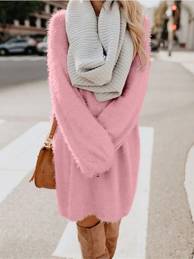 Women's Casual Dress Mini Dress Patchwork Casual Crew Neck Long Sleeve Pink Beige Gray Color 5