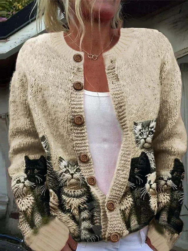 Women's Cardigan Sweater Knitted Ribbed Button Front Round Neck Long Sleeve Lightweight female Daily Graphic Crew Neck Print Regular Tops Knit Weekend Pink Khaki Fall Winter 10