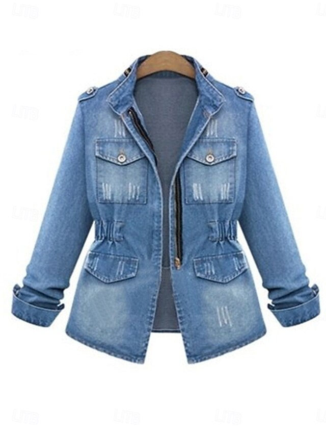 Women's Denim Jacket Outdoor Street Daily Wear Fall Winter Regular Coat Regular Fit Thermal Warm Breathable Stylish Casual Jacket Long Sleeve Solid Color with Pockets Blue4