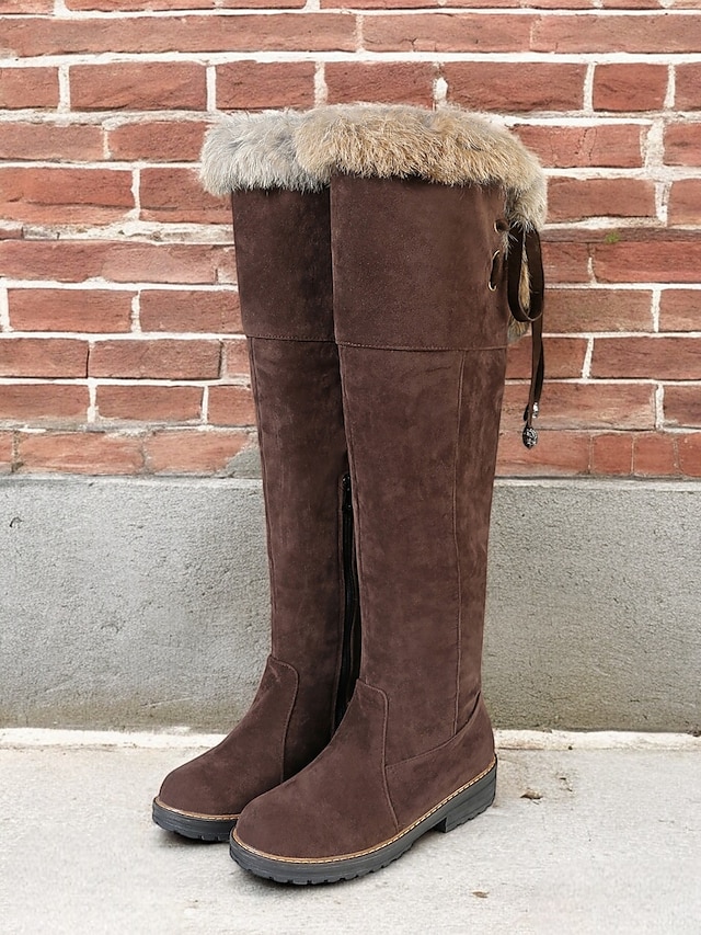 Women's Over-the-Knee Brown Faux Suede Boots with Faux Fur Trim – Cozy and Stylish Winter Footwear for Extra Warmth 22