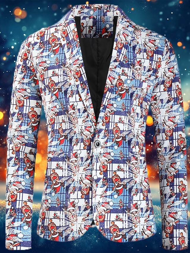  menns julestygge blazerjakke snøfnuggtrykk blazer lang standard passform enkeltspent enknapps 2024