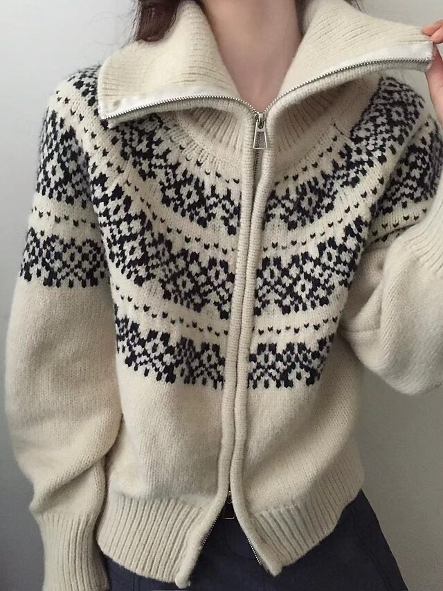 Women's Sweater Jacket Streetwear Casual Geometric Turtleneck Knitted Long Sleeve Regular Tops Knit Weekend Beige Fall Winter4