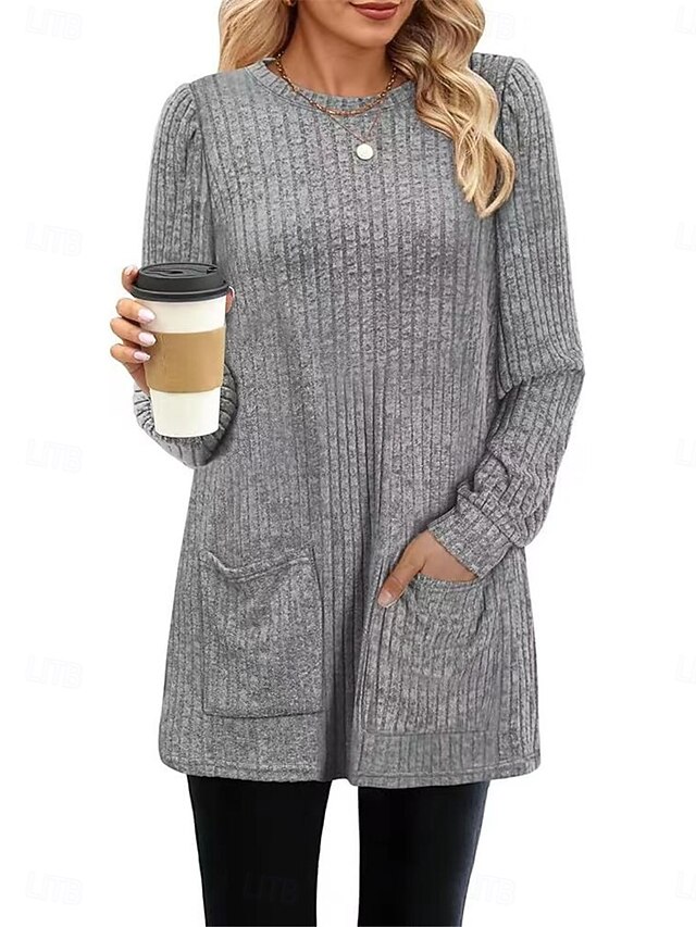 Women's T Shirt Plain Fashion Modern Casual Long Sleeve Crew Neck Regular Tops Daily Weekend Pocket Army Green Brown Gray Fall Winter 10