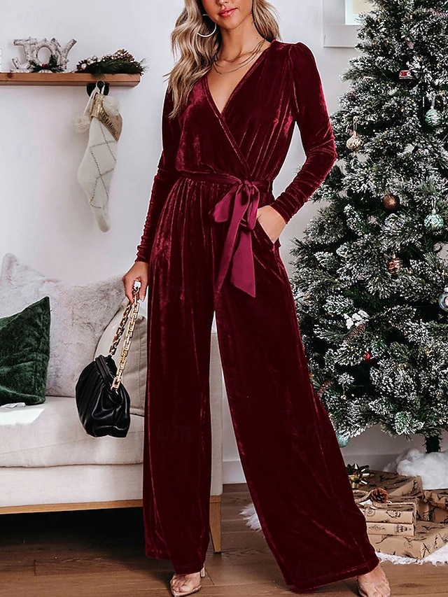  Women's Normal Jumpsuit Stylish Solid Color Long Sleeve Deep V Belted Vacation Party Regular Fit Black Red Blue Spring