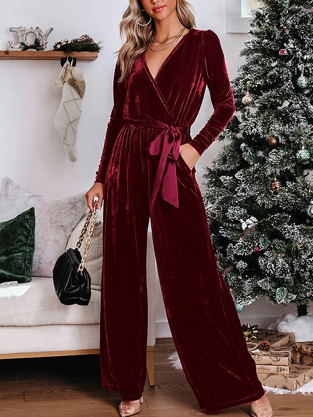 Women's Normal Jumpsuit Stylish Solid Color Long Sleeve Deep V Belted Vacation Party Regular Fit Black Red Blue Spring 7
