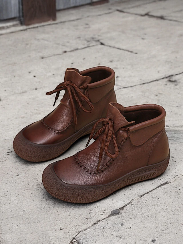 Women's Brown Faux Leather Lace-Up Ankle Boots with Vintage Stitch Detailing, Comfortable Sole for Casual Outdoor Wear 14