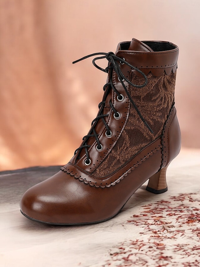  Women's Brown Lace-Up Victorian Ankle Boots with Lace Design and Kitten Heel – Vintage Style for Cosplay or Everyday Wear