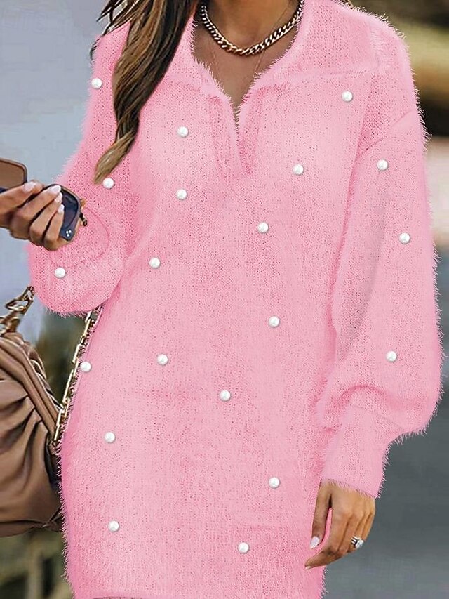 Women's Sweater Elegant Casual Soft Pearl Pure Color Ribbed Shirt Collar Knitted Long Sleeve Regular Tops Knit Outdoor Daily Weekend Pink Fall Winter2