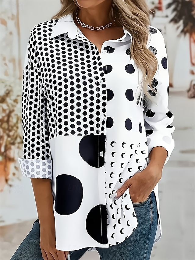  Per donna Camicia Geometrico Casual Manica Lunga Colletto a Camicia Top Regolari Lavoro Bottoni Stampato Nero Primavera Autunno Inverno