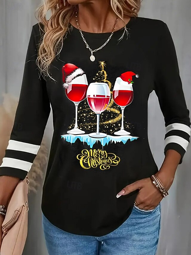 Women's T Shirt Letter Fashion Modern Casual Long Sleeve Crew Neck Regular Tops Christmas Daily Weekend Print Black Fall Winter4