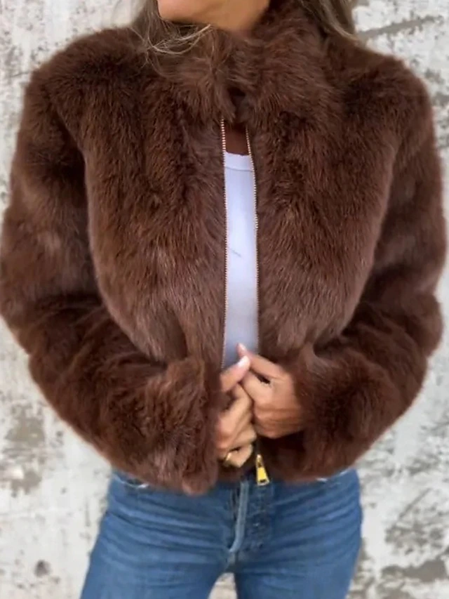 Women's Faux Fur Coat Warm Breathable Zipper Casual Plain Vacation Street Daily Wear Going out Zipper Short Stand Collar Regular Fit Long Sleeve Outerwear Red Brown Green Fall Winter 7