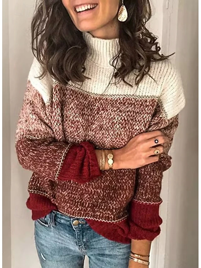 Color Block Sweater Turtleneck Knit Fall Winter Weekend Fashion Streetwear Daily Long Sleeve Color Block Black Red Wine2