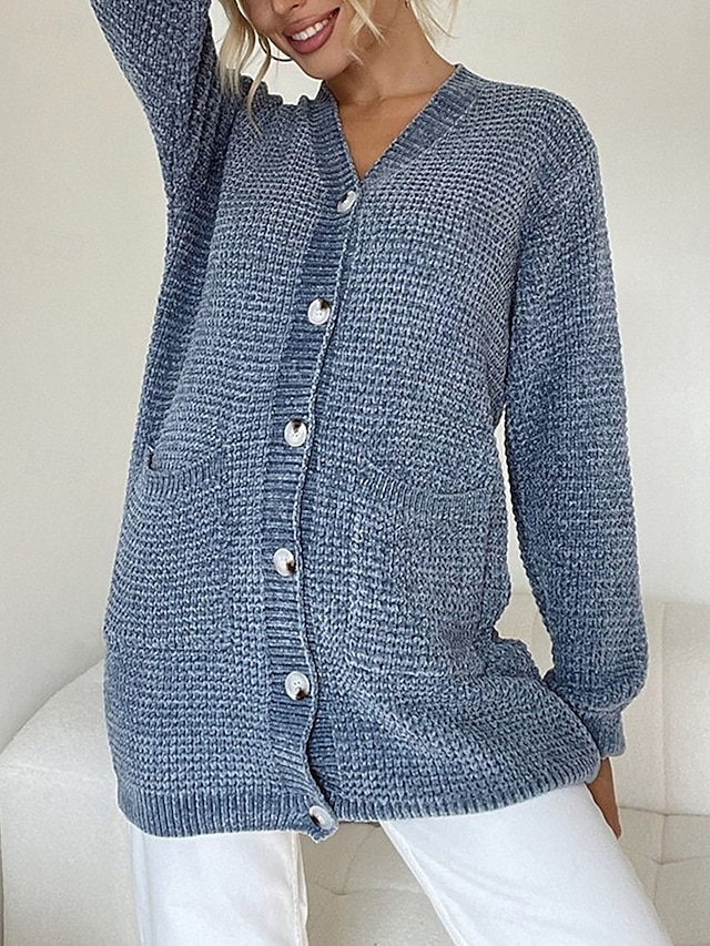  Women's Sweater Cardigan Casual Soft Pure Color Ribbed V Neck Buttons Pocket Knitted Long Sleeve Long Tops Knit Outdoor Daily Weekend Pink Blue Fall Winter
