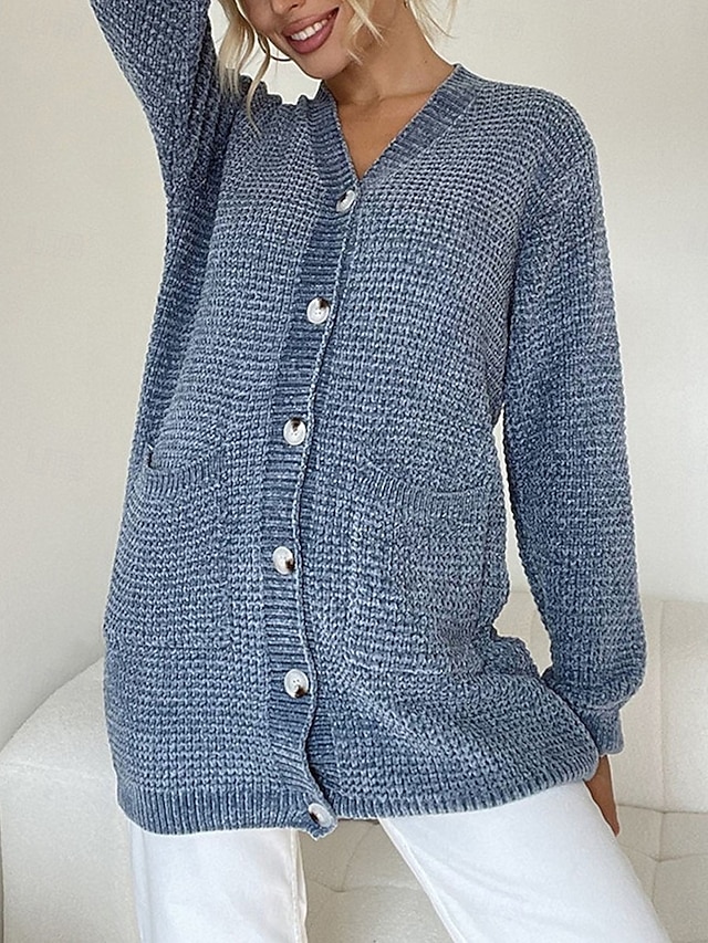 Women's Sweater Cardigan Casual Soft Pure Color Ribbed V Neck Buttons Pocket Knitted Long Sleeve Long Tops Knit Outdoor Daily Weekend Pink Blue Fall Winter 10
