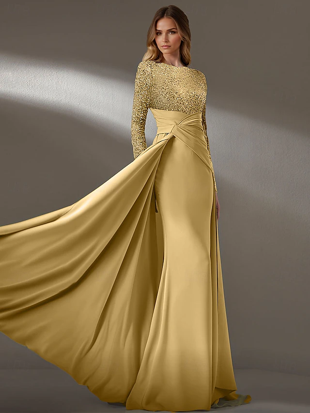 Sheath Evening Gown Elegant Dress Formal Floor Length Long Sleeve Jewel Neck Pocket Silk with Sequin4