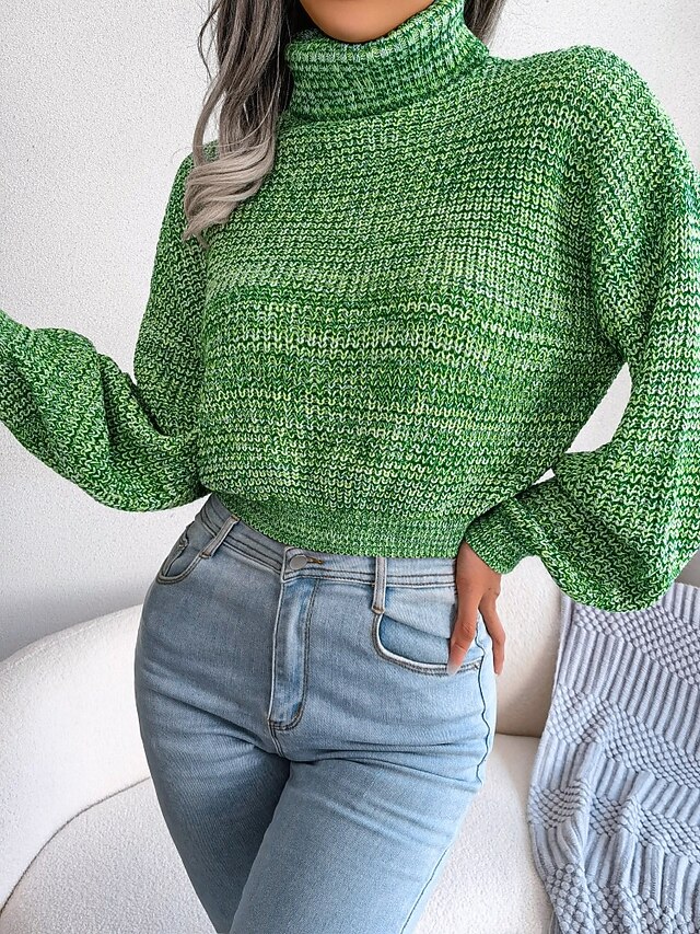Women's Sweater HighNeck Green Chunky Knit Sleeve Tassel