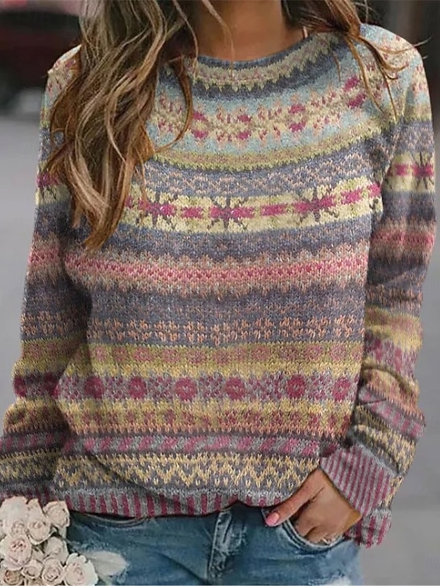 Dames Trui Casual Zacht Bloemig Kleurenblok Geribd Strakke ronde hals Gebreid Afdrukken Lange mouw Normale tops breien Buiten Dagelijks Weekend blauw Fuchsia Herfst Winter