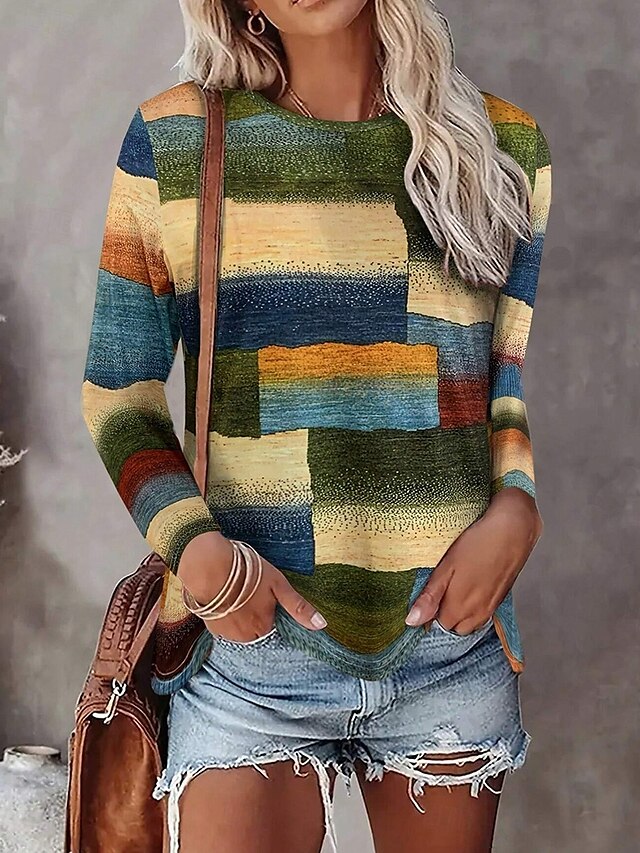  Tunique T-shirt pour femmes à carreaux décontracté à manches longues col rond hauts réguliers quotidien imprimé vert automne hiver