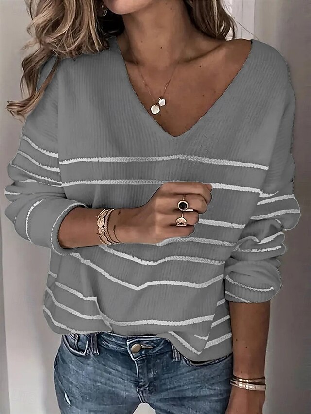 Women's Sweater Pullover Sweater Jumper Casual Soft Striped Ribbed V Neck Knitted Long Sleeve Regular Tops Knit Outdoor Daily Weekend Khaki Gray Fall Winter4