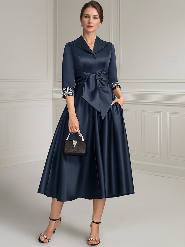  Navy Blue A-Line Dress Mother of the Bride Dress Elegant Satin Simple Shirt Collar Tea Length 3/4 Length Sleeve with Sash / Ribbon Beading Solid Color