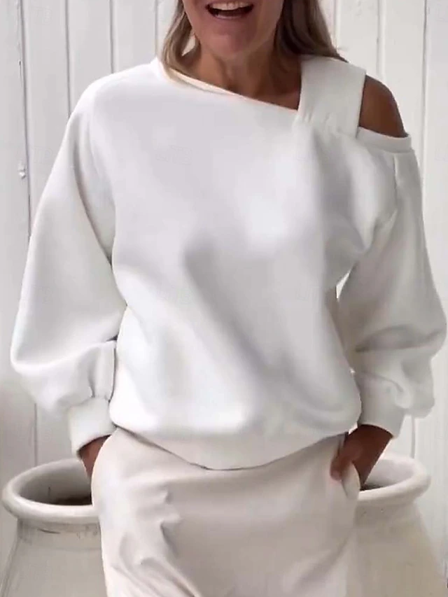 Women's Sweatshirt Casual Plain Street Dailywear V Neck Long Sleeve Black White Beige Fall Winter 8