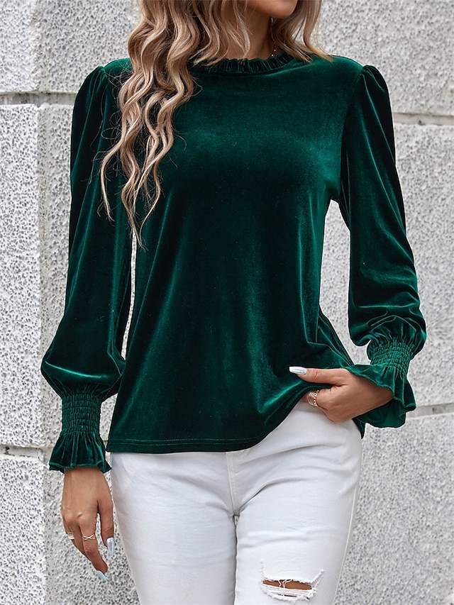 Women's Shirt Velvet Elegant Dressy Solid Color Basic Casual Long Sleeve Turtleneck Regular Tops Daily Green Fall Winter 8