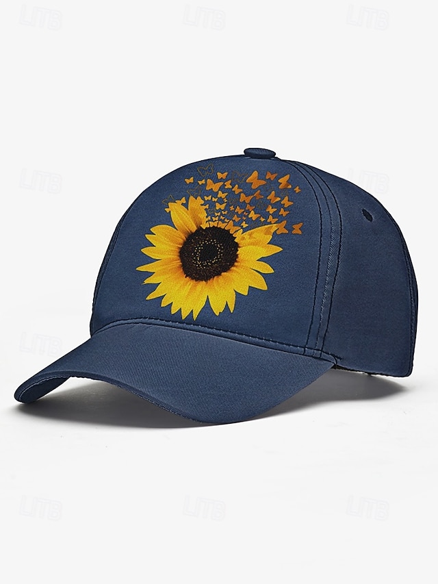  Women's Sunflower Baseball Cap with Butterfly Print - Casual Adjustable Hat for Outdoor Wear